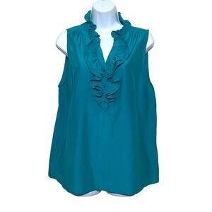 Loft Blue Sleeveless Top Blouse L Ruffles Cotton Silk Classic Chic Career Office